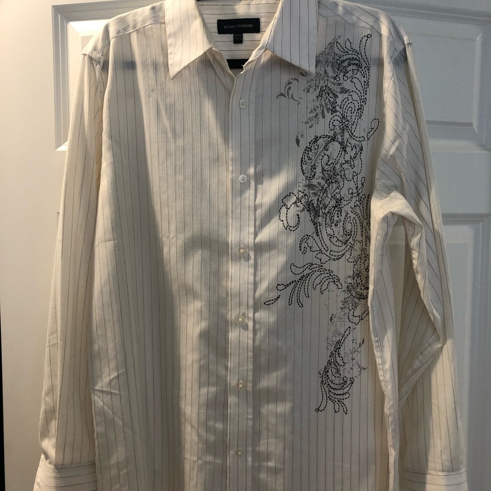 Michael Brandon Cream Pinstripe Dress Shirt with Black Floral Detail